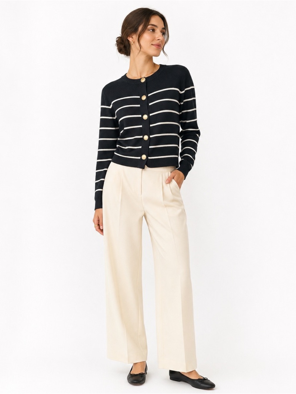 Black and White Striped Button-Front Sweater Cardigan